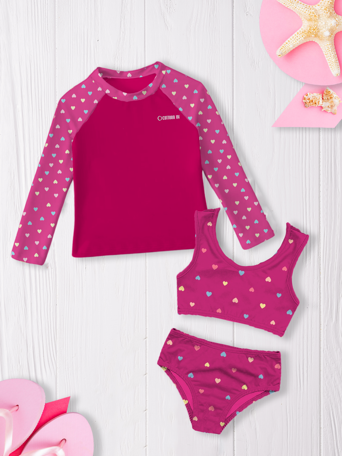 Conjunto Praia Infantil Menina Kit com 3 peças Biquini e Blusa Manga Longa com Proteção UV Feminino 6 ao 14 anos