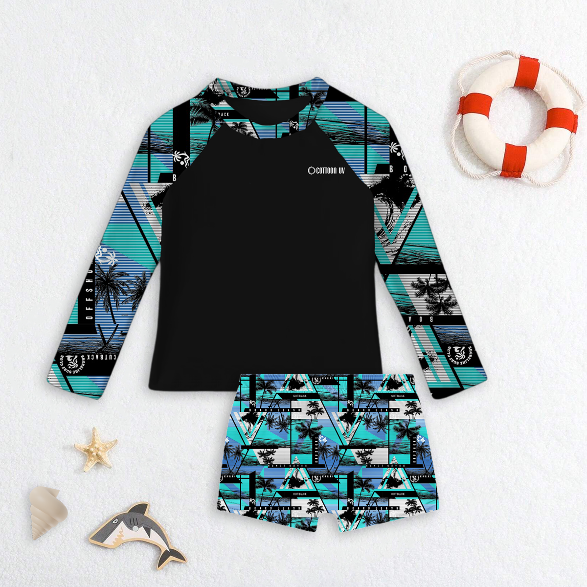 Conjunto Praia Infantil Menino Camisa Manga Longa Blusa Proteção UV e Sunga Estampada Kit Masculino Verão Premium