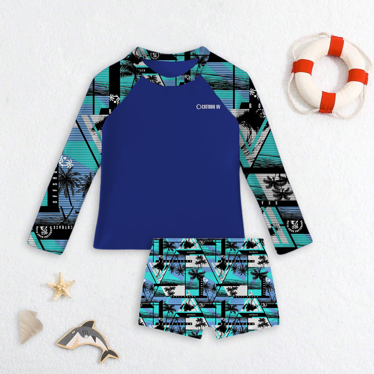 Conjunto Praia Infantil Menino Camisa Manga Longa Blusa Proteção UV e Sunga Estampada Kit Masculino Verão Premium