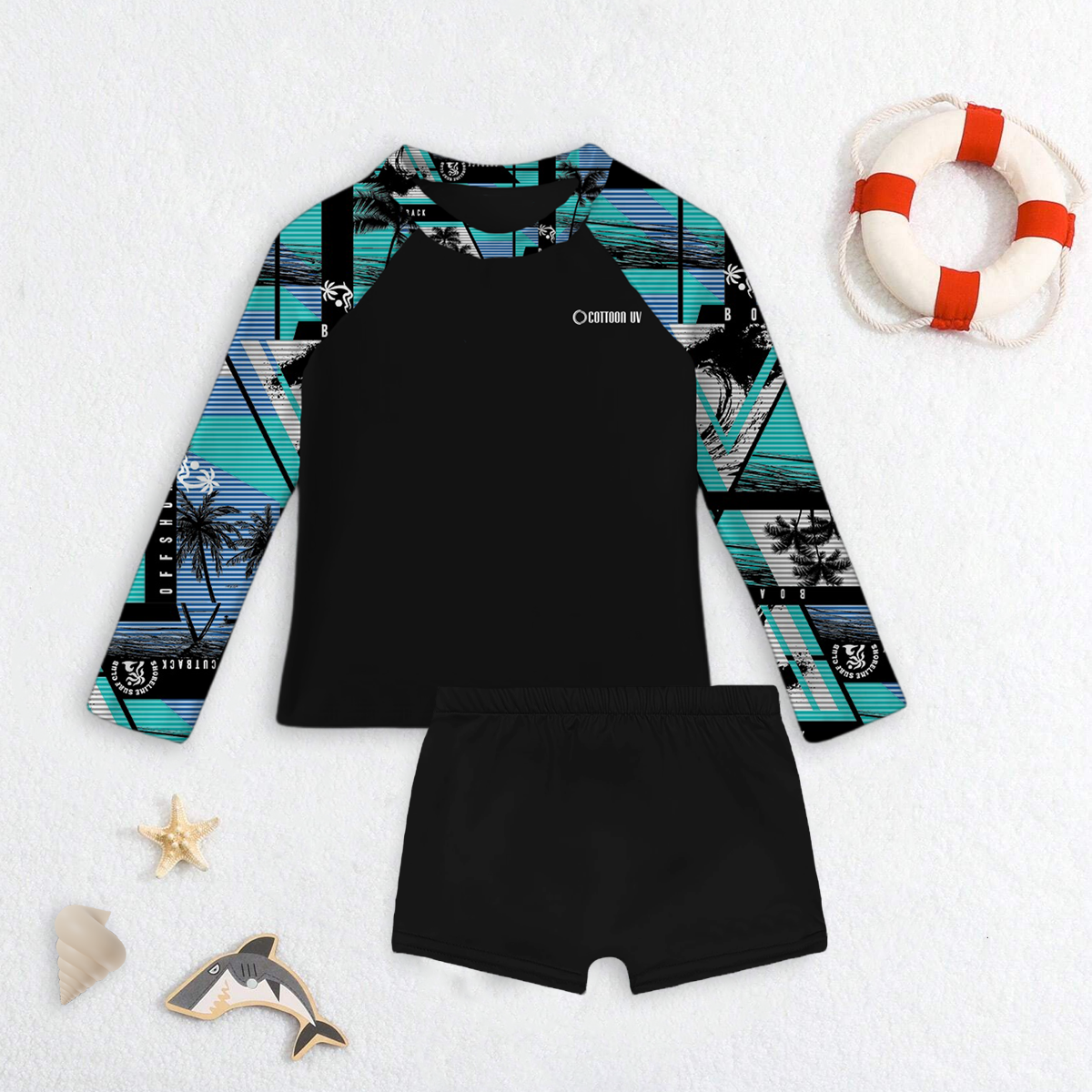 Conjunto Praia Infantil Menino Camisa Manga Longa Blusa Proteção UV e Sunga Estampada Kit Masculino Verão Premium