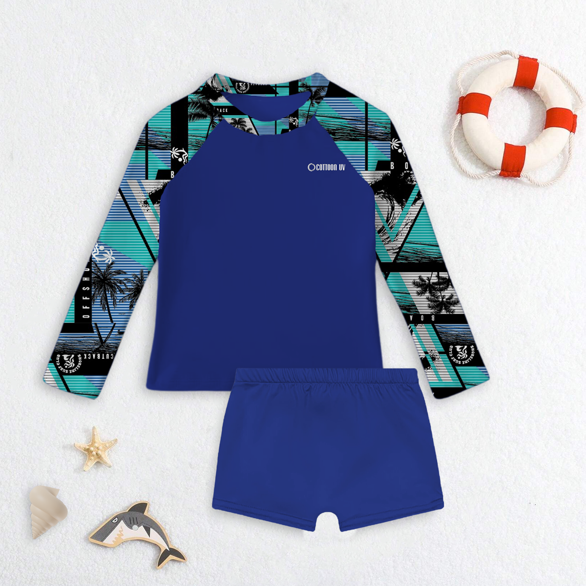 Conjunto Praia Infantil Menino Camisa Manga Longa Blusa Proteção UV e Sunga Estampada Kit Masculino Verão Premium